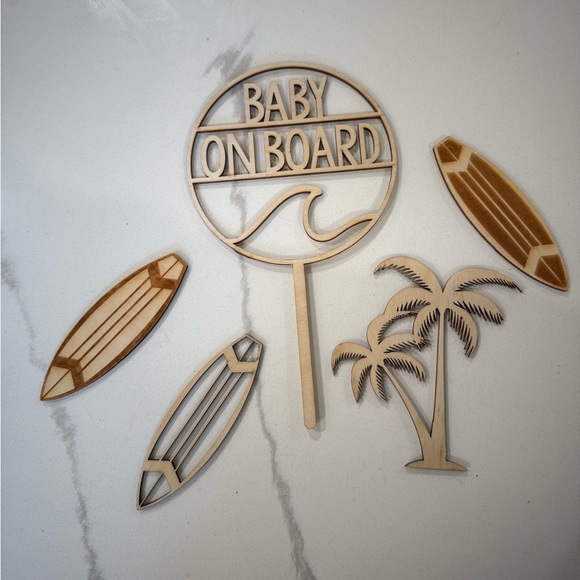 Baby on Board Wooden Cake Topper, surfboards & palm tree. - Picture 1 of 6